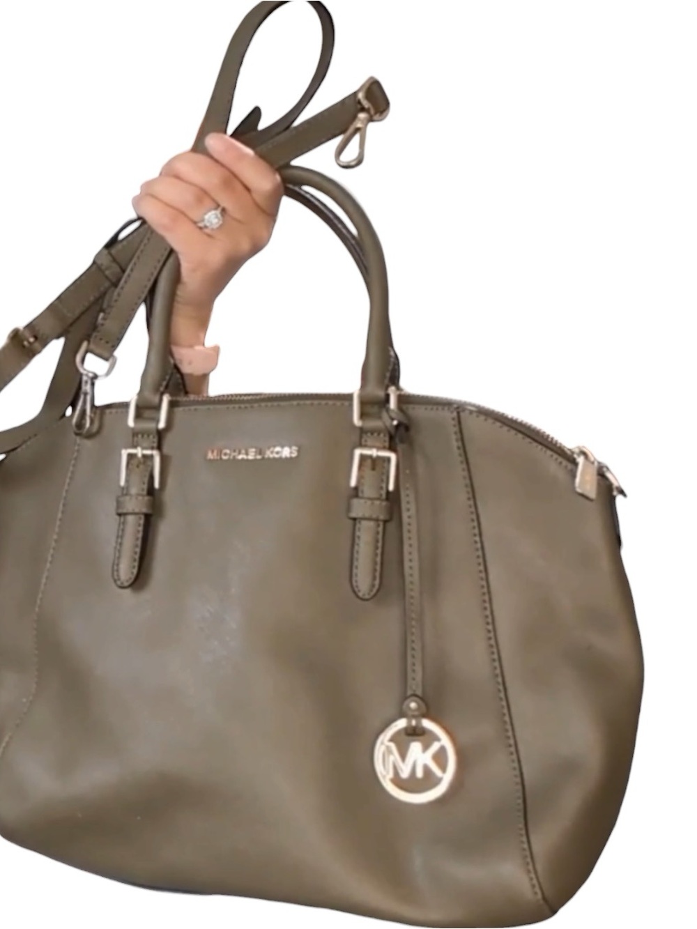 Michael Kors Ciara Large Saffiano Leather in Olive Satchel with Gold-Tone Logo